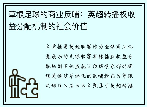 草根足球的商业反哺：英超转播权收益分配机制的社会价值