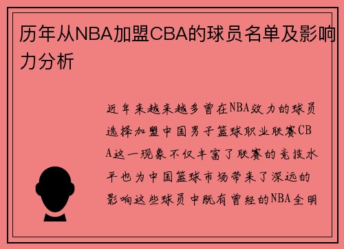 历年从NBA加盟CBA的球员名单及影响力分析